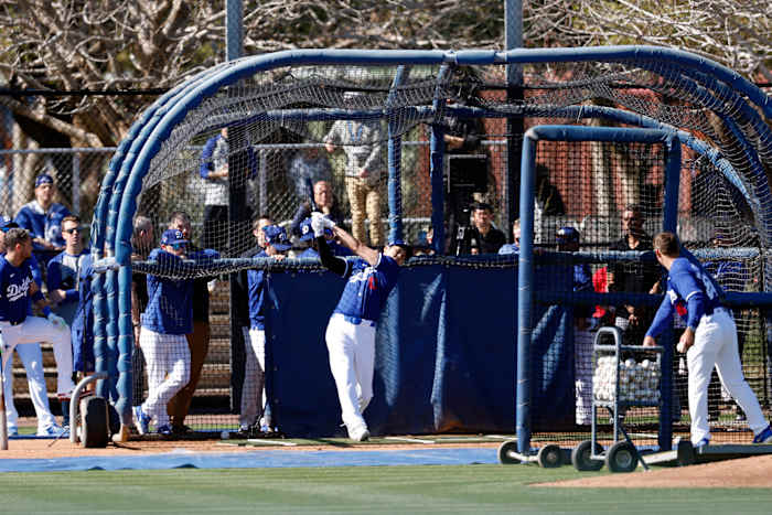 GLENDALE, ARIZONA - FEBRUARY 14: Shohei Ohtani #17 of the Los Angeles Dodgers takes batting practice during workouts at Camelback Ranch on February 14, 2024 in Glendale, Arizona. (Photo by Chris Coduto/Getty Images) 